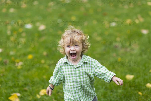 Caucasian boy laughing in field