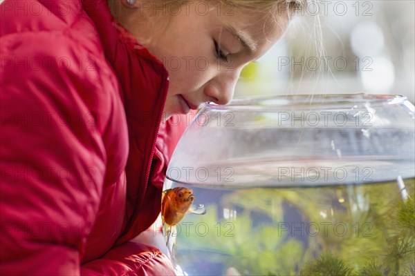 Caucasian girl examining goldfish in bowl