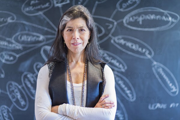 Hispanic businesswoman smiling by flow chart on blackboard