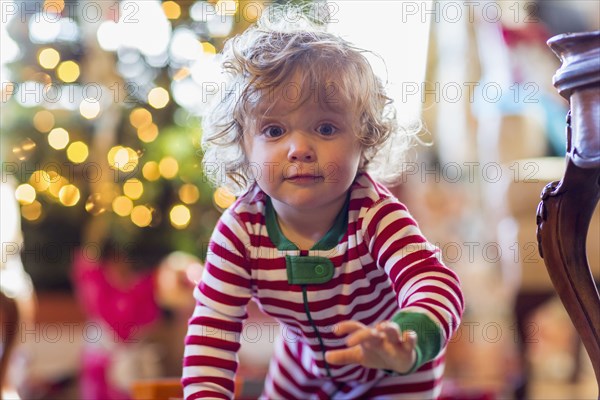 Caucasian baby boy crawling near Christmas tree