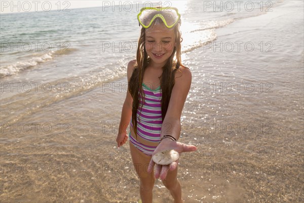 Caucasian girl holding sand dollar on beach