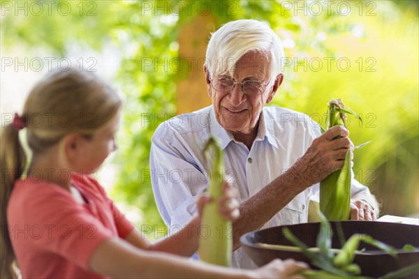 Caucasian grandfather and granddaughter shucking corn