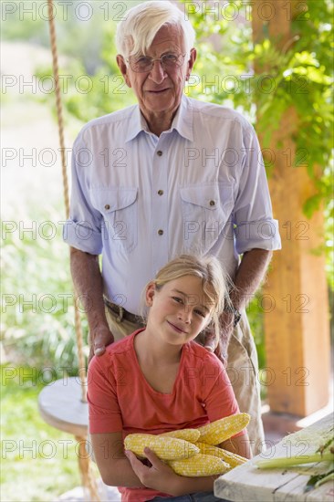 Caucasian grandfather and granddaughter shucking corn