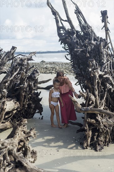 Caucasian mother and daughter examining driftwood on beach