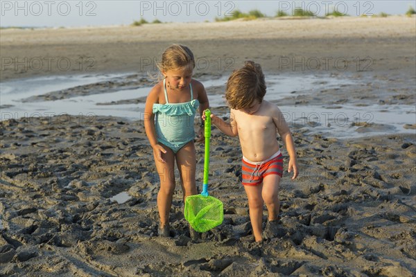 Caucasian brother and sister carrying net on beach
