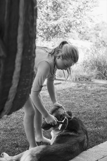 Caucasian girl brushing pet dog