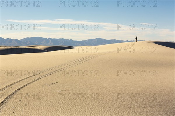 Trail leading to distant Caucasian man in desert