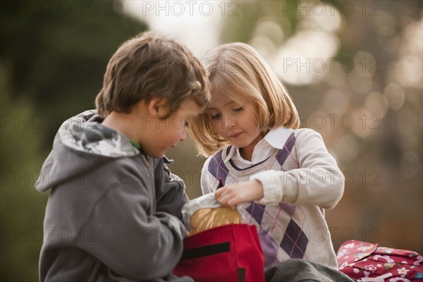 Mixed race brother and sister eating lunch