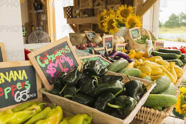 Baskets of produce at farmers market