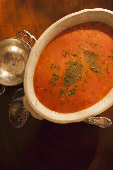 Bowl of soup on table