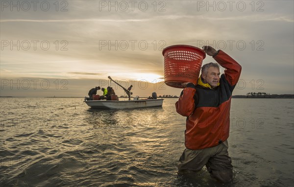 Caucasian fisherman carrying basket in water