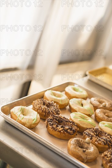 Close up of donuts for sale in bakery