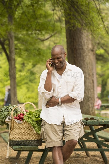 African American man talking on cell phone on picnic table