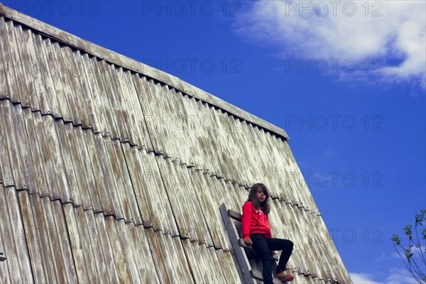 Low angle view of Caucasian girl on ladder on tin roof