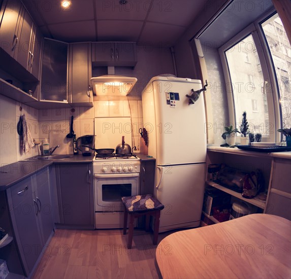 Fish-eye lens view of domestic kitchen