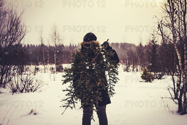 Caucasian man carrying tree in snowy field