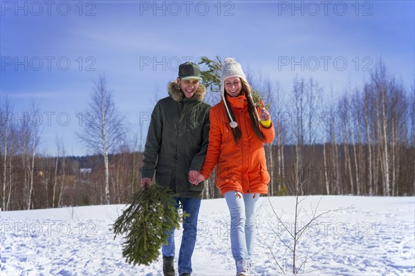 Caucasian couple carrying tree branch in snowy field