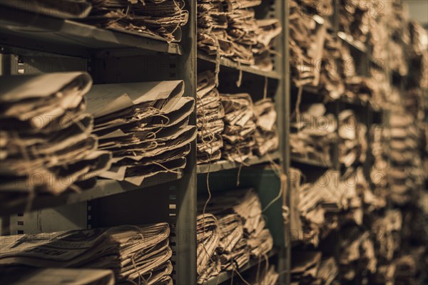 Stacks of old newspapers in library archive