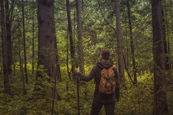 Caucasian man walking in forest