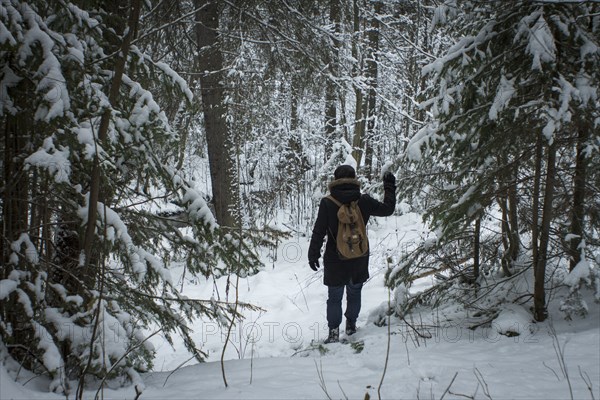Caucasian hiker walking in snowy forest