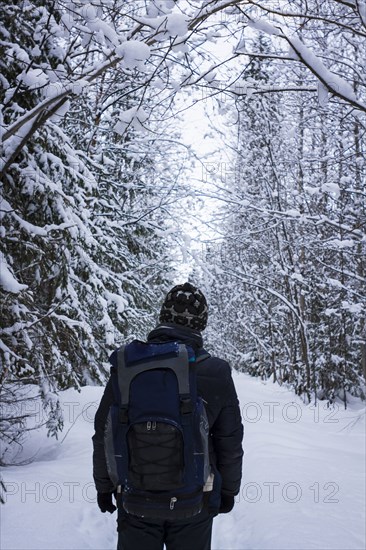 Caucasian hiker standing in snowy forest