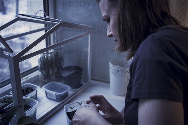 Caucasian girl tending to plants in window