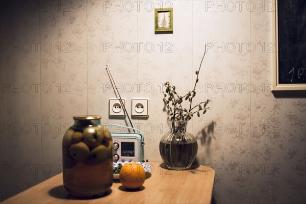 Food on table in kitchen with blackboard