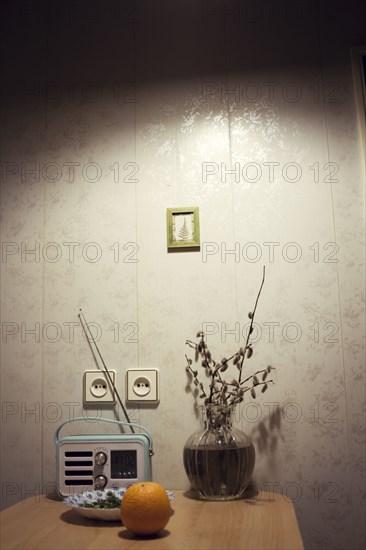 Food on table in kitchen with radio