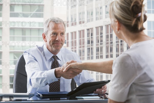 Caucasian businessman shaking hands with client