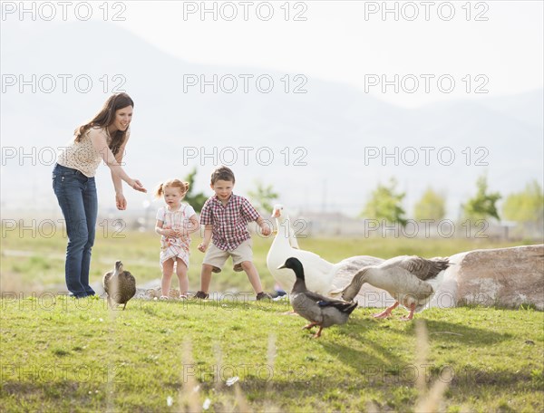 Caucasian mother and children feeding ducks and geese