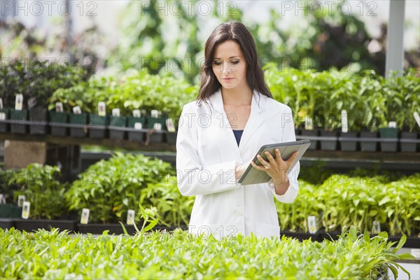 Caucasian scientist working in greenhouse