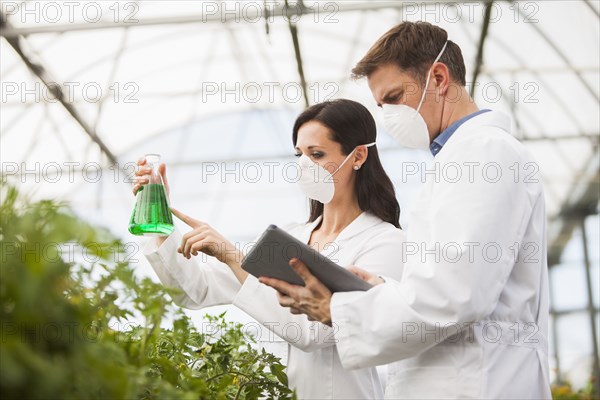 Caucasian scientists working in greenhouse