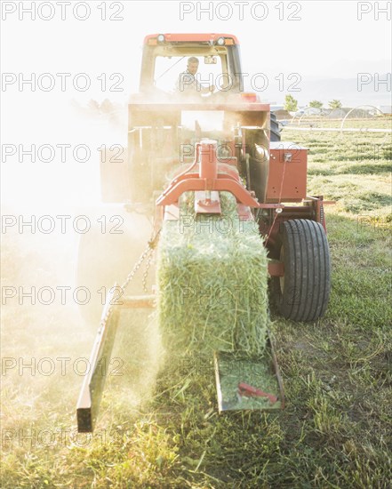 Caucasian farmer driving tractor