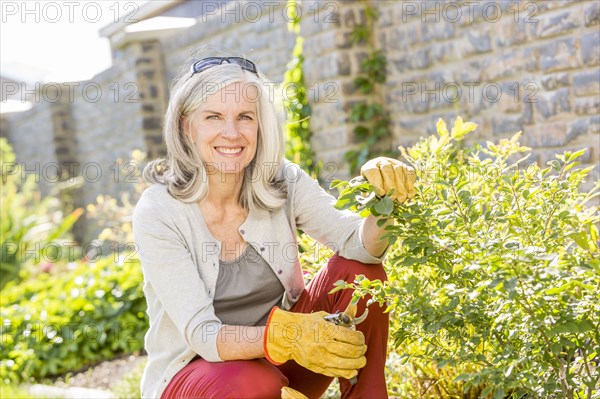 Caucasian woman pruning plants in garden