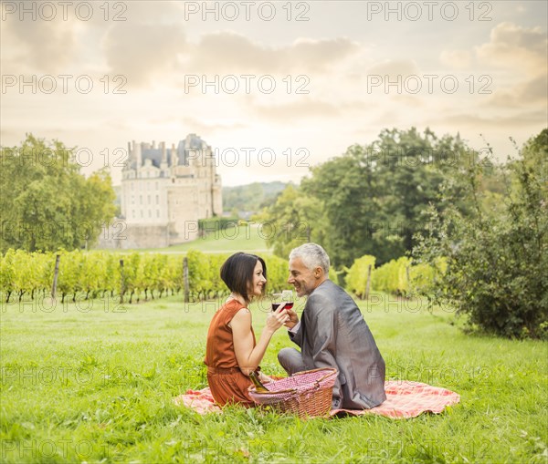 Caucasian couple enjoying wine at picnic