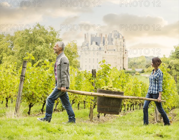 Caucasian farmers carrying grapes in vineyard