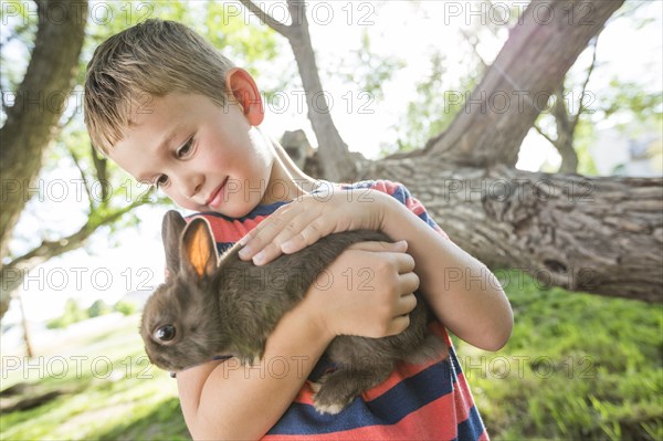 Caucasian boy petting rabbit