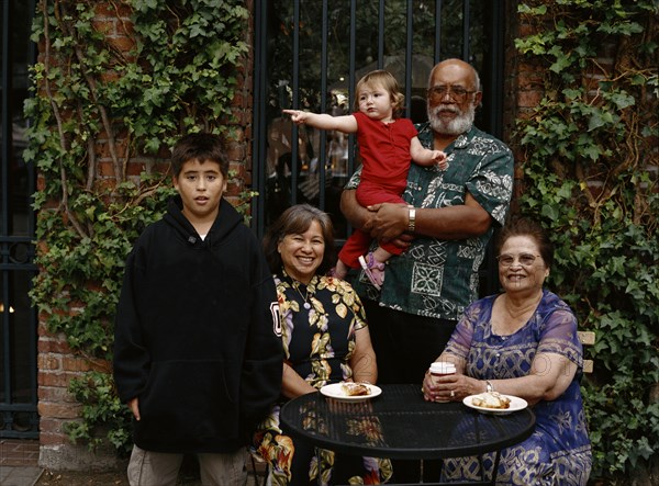 Family together in backyard