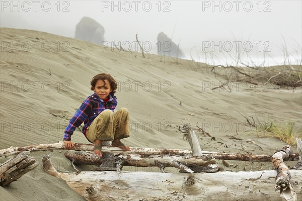 Mixed race boy crouching on driftwood on beach