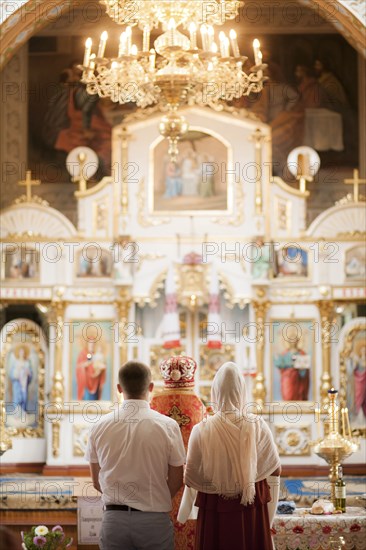 Couple and priest standing in church