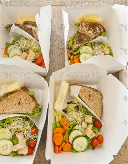 Sliced vegetables and sandwiches in lunch boxes
