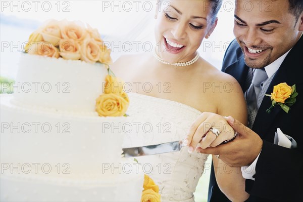 Multi-ethnic bride and groom cutting cake