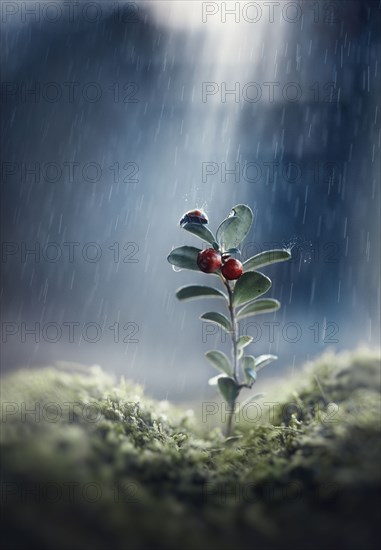 Ladybug on seedling in rain