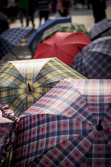 High angle view of variety of umbrellas