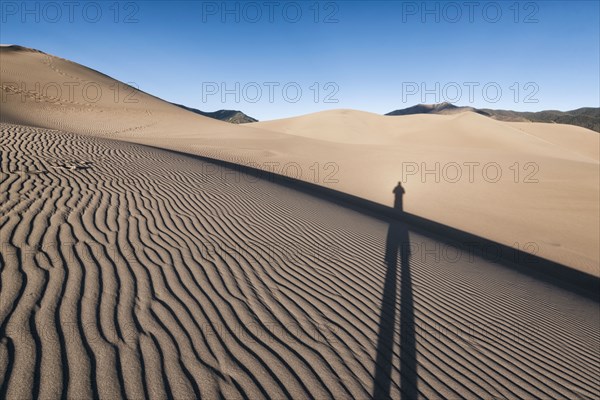 Shadow of person on sand dunes