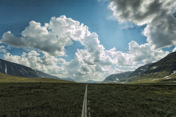 Wooden boardwalk in remote green valley