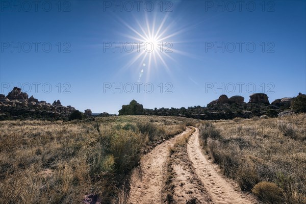 Sun in blue sky over desert path