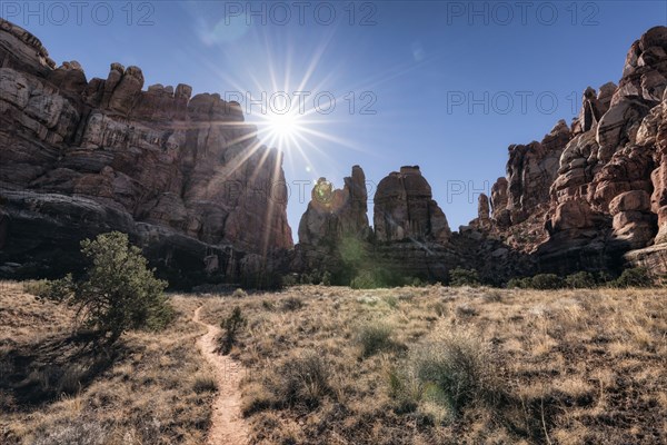 Sun in blue sky over desert path