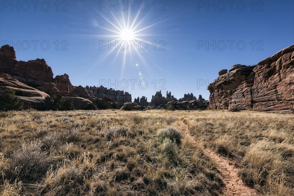 Sun in blue sky over desert path