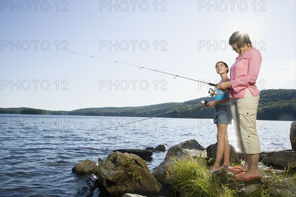 Mother and daughter fishing in lake